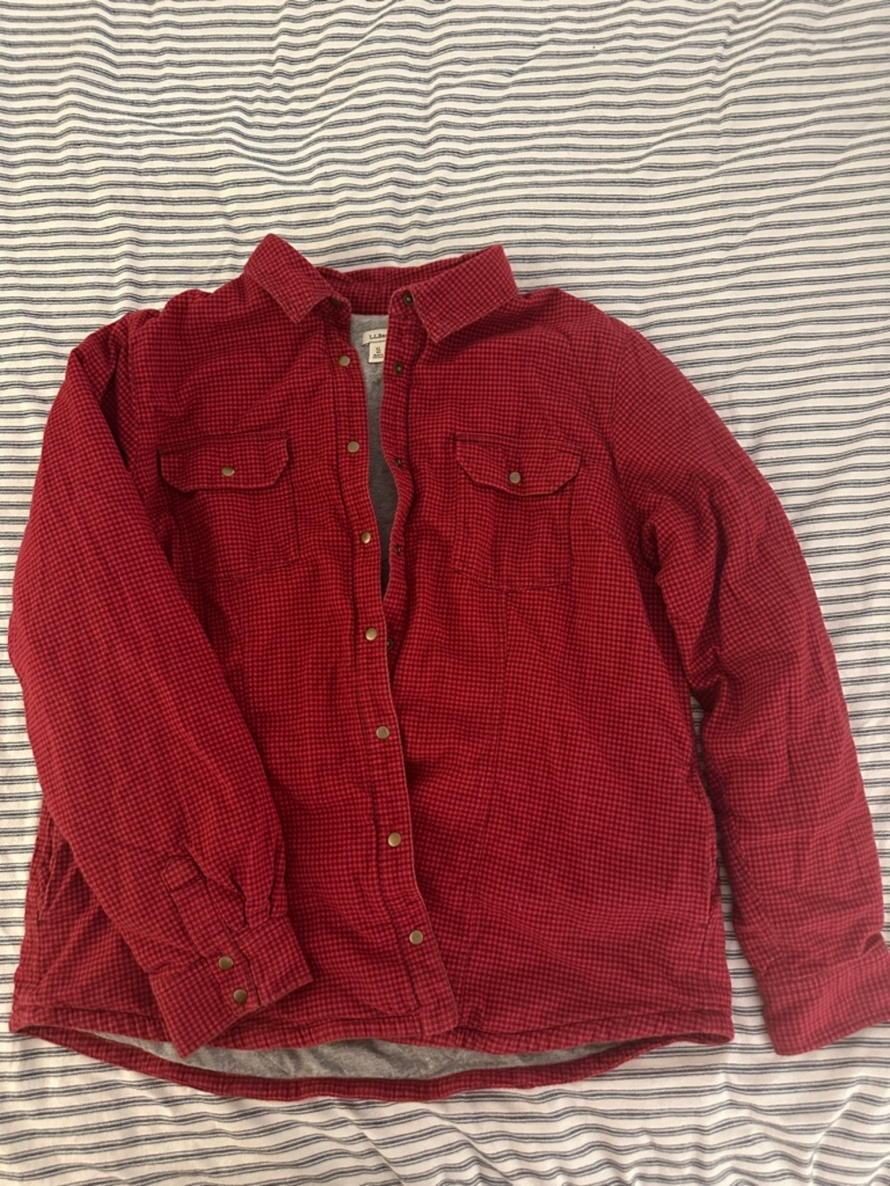 L.L. Bean Red Flannel Quilted Lined Button-Down Shirt Jacket
